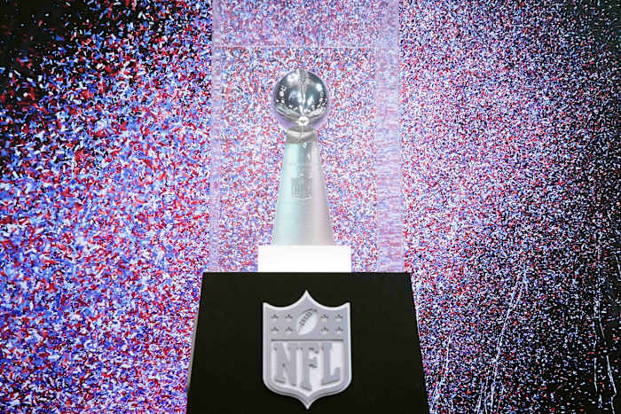 Feb 26, 2020; Indianapolis, Indiana, USA; Detailed view of the Super XLI Vince Lombardi Trophy to commemorate the Indianapolis Colts 29-17 victory over the Chicago Bears on Feb 4, 2007 at Dolphin Stadium in Miami Gardens, Fla. Mandatory Credit: Kirby Lee-USA TODAY Sports